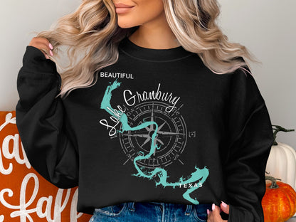 Black sweatshirt with Lake Granbury Texas map and compass graphic.