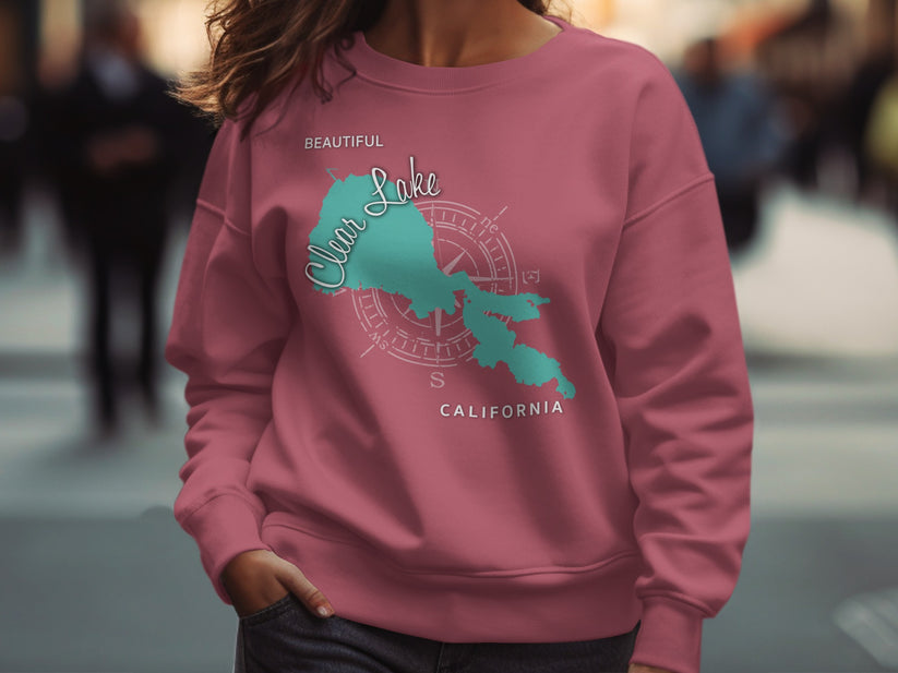 Pink sweatshirt with "Clear Lake California" map and compass graphic.