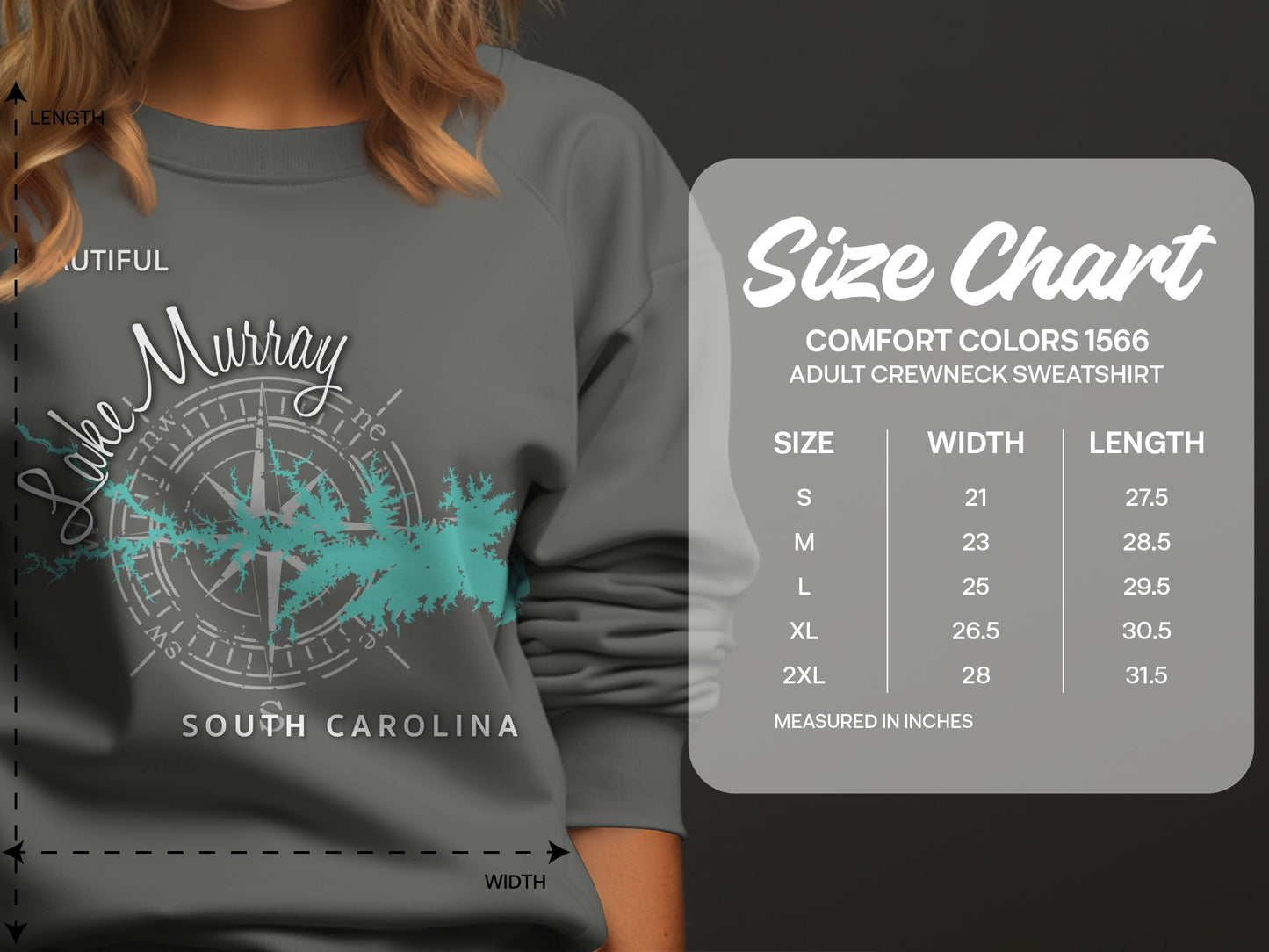 Lake Murray, South Carolina adult crewneck sweatshirt size chart.