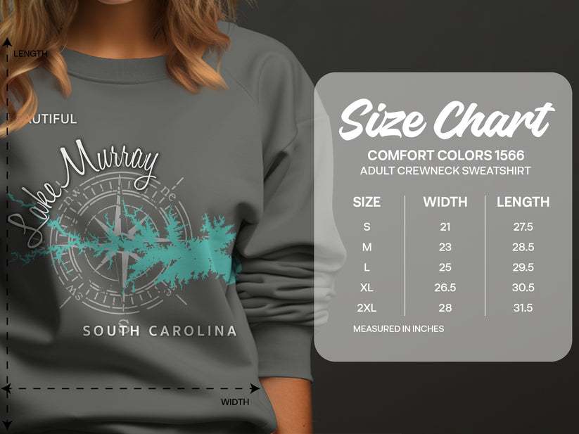 Lake Murray, South Carolina adult crewneck sweatshirt size chart.