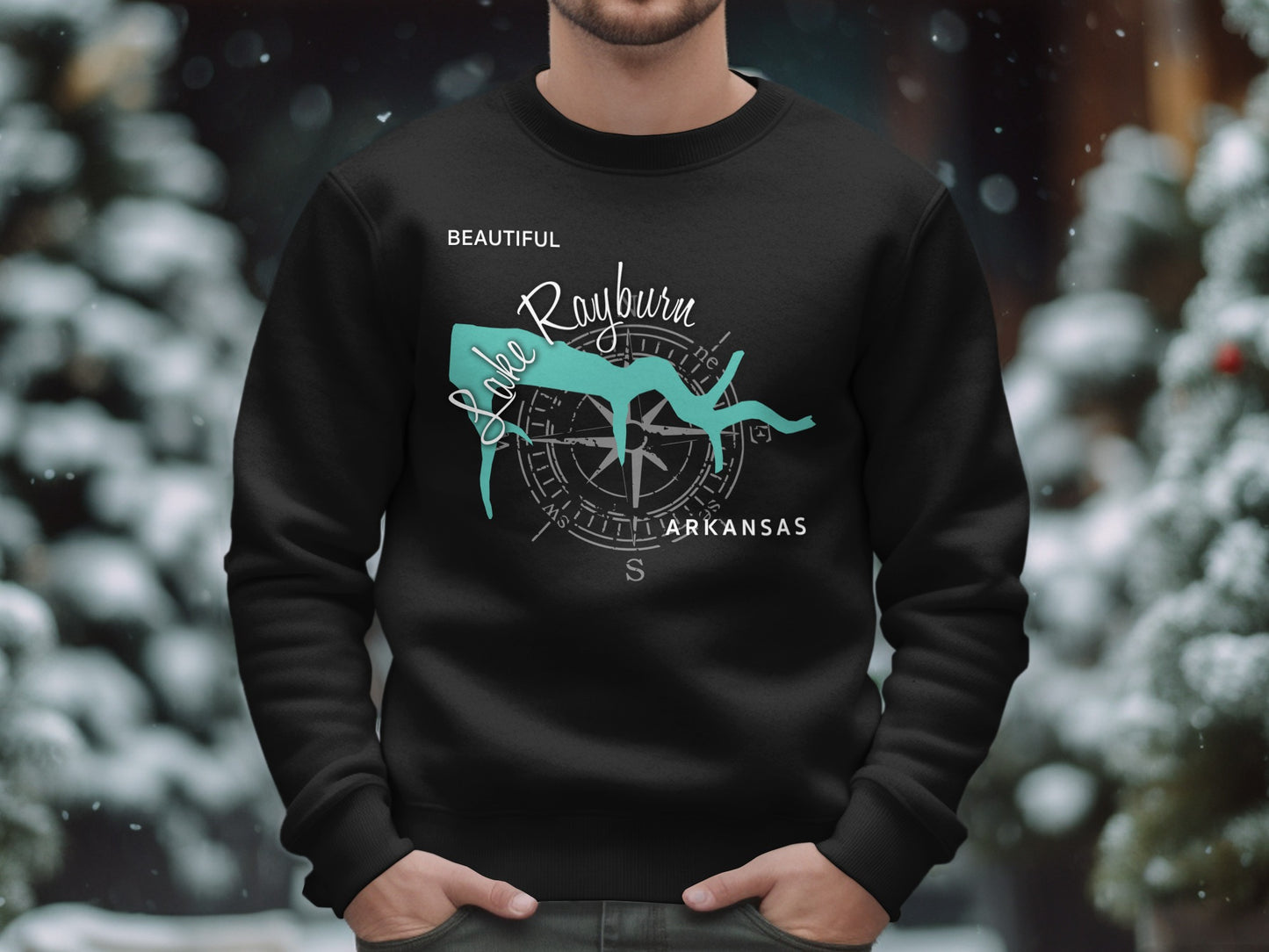 Black sweatshirt with "Beautiful Lake Rayburn Arkansas" text and compass graphic.