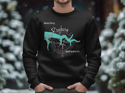 Black sweatshirt with "Beautiful Lake Rayburn Arkansas" text and compass graphic.