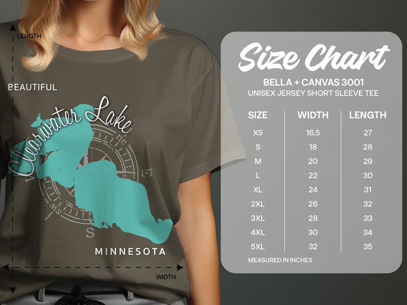 T-shirt with map graphic and size chart for Bella + Canvas 3001 tee.