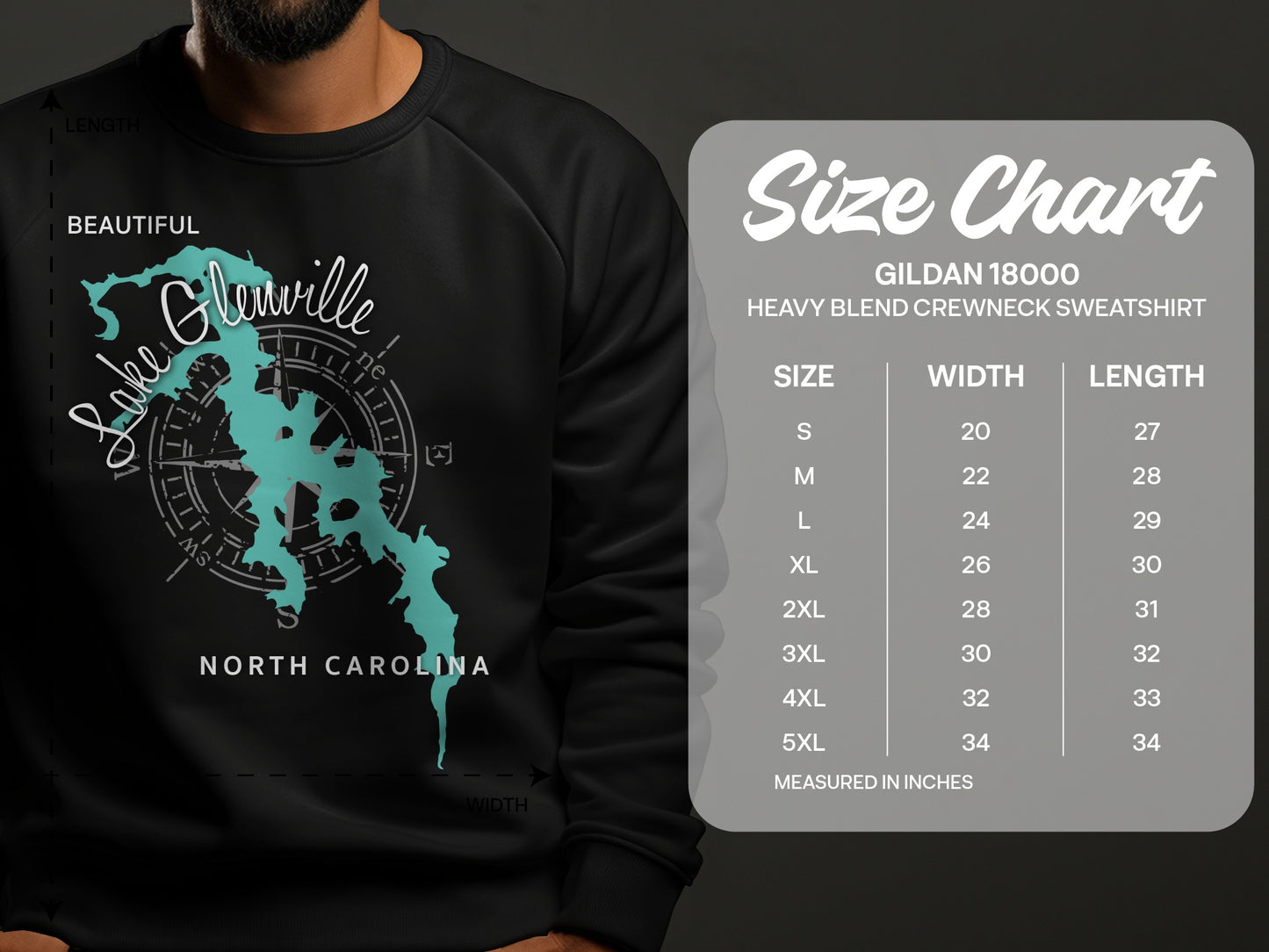Crewneck sweatshirt with Lake Glenville, NC map graphic and size chart.