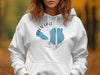 White hoodie with a blue Glen Lake Michigan design featuring a compass rose.