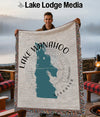 Woven blanket with "Lake Wanahoo Nebraska" text and silhouette on a compass rose.