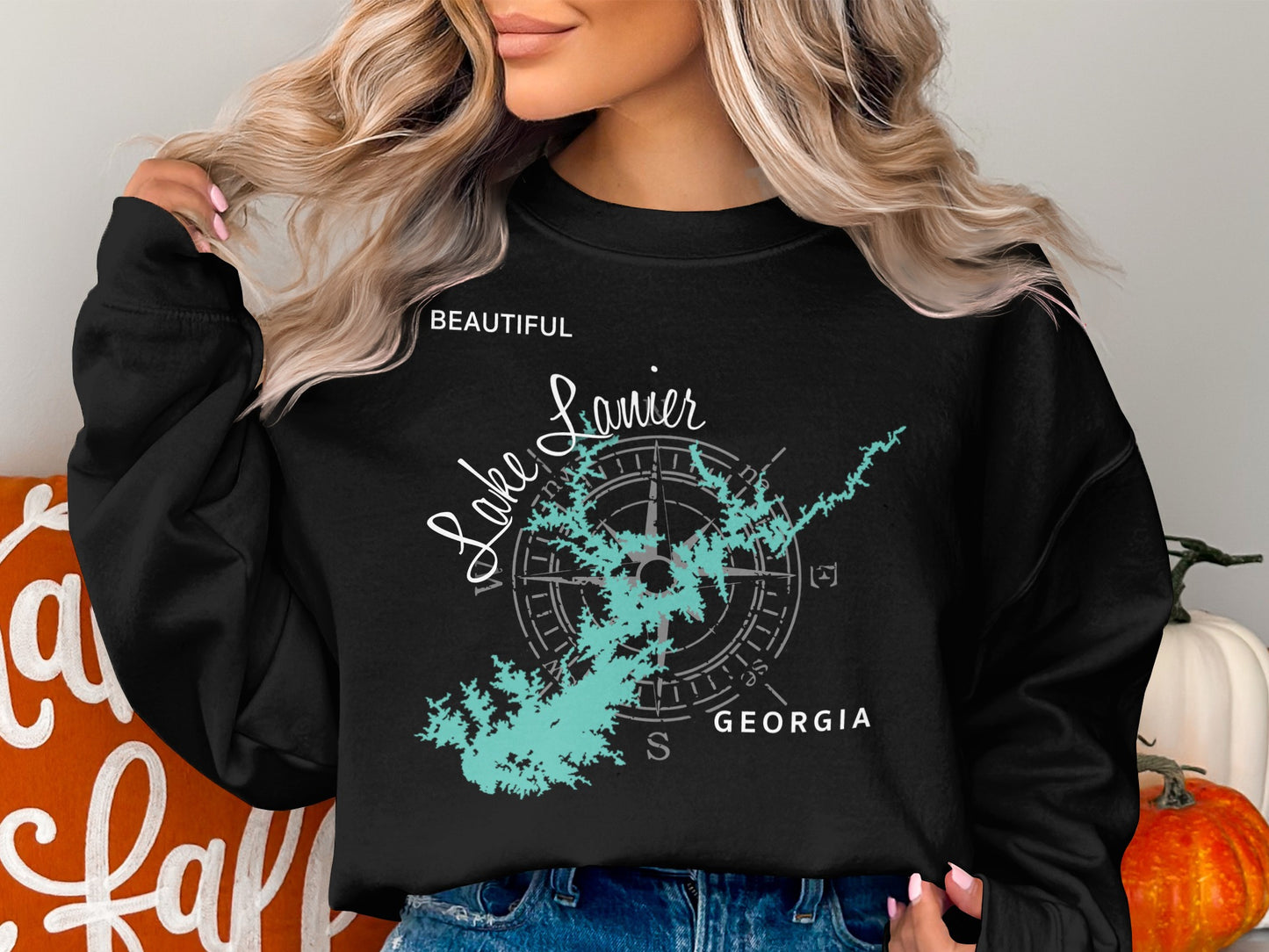 Black sweatshirt with "Beautiful Lake Lanier Georgia" and compass rose map graphic.