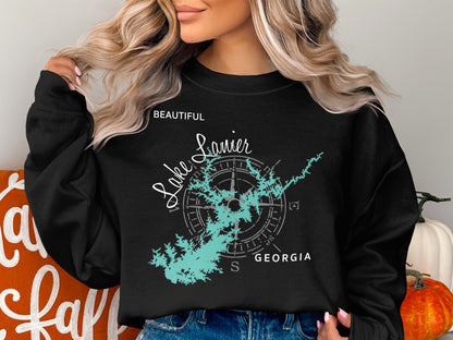 Black sweatshirt with "Beautiful Lake Lanier Georgia" and compass rose map graphic.
