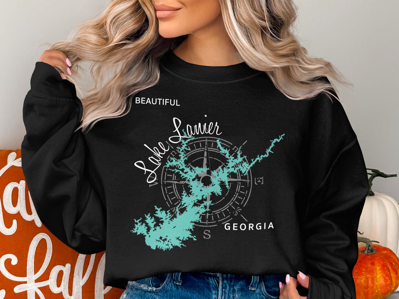 Black sweatshirt with "Beautiful Lake Lanier Georgia" and compass rose map graphic.