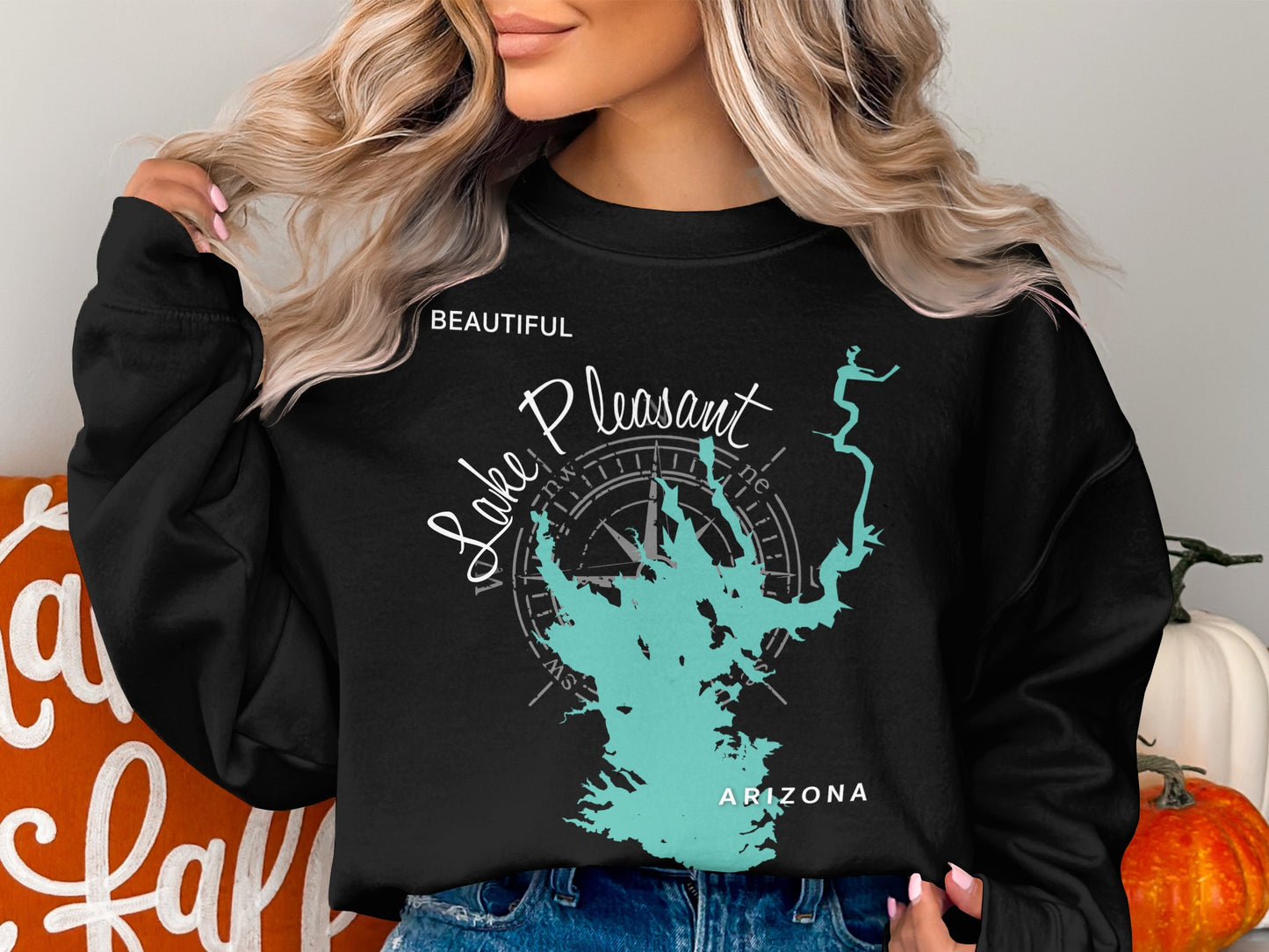 Black crewneck sweatshirt featuring a compass rose and map of Lake Pleasant, Arizona.