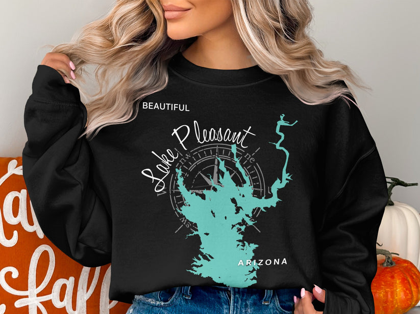 Black crewneck sweatshirt featuring a compass rose and map of Lake Pleasant, Arizona.