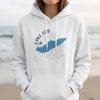 White hoodie with a blue Lake Erie graphic and compass design.