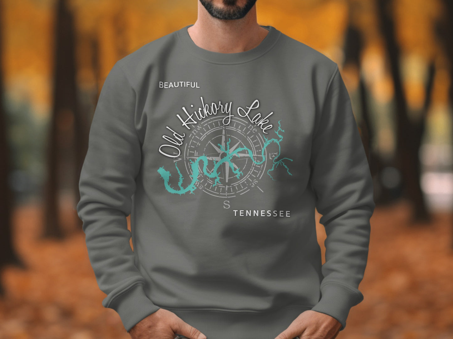 Gray sweatshirt with "Beautiful Old Hickory Lake" and compass rose design.