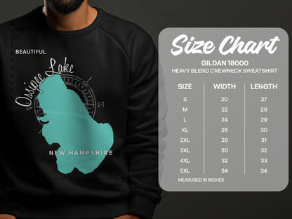 Sweatshirt size chart with Ossipee Lake graphic and garment measurements.