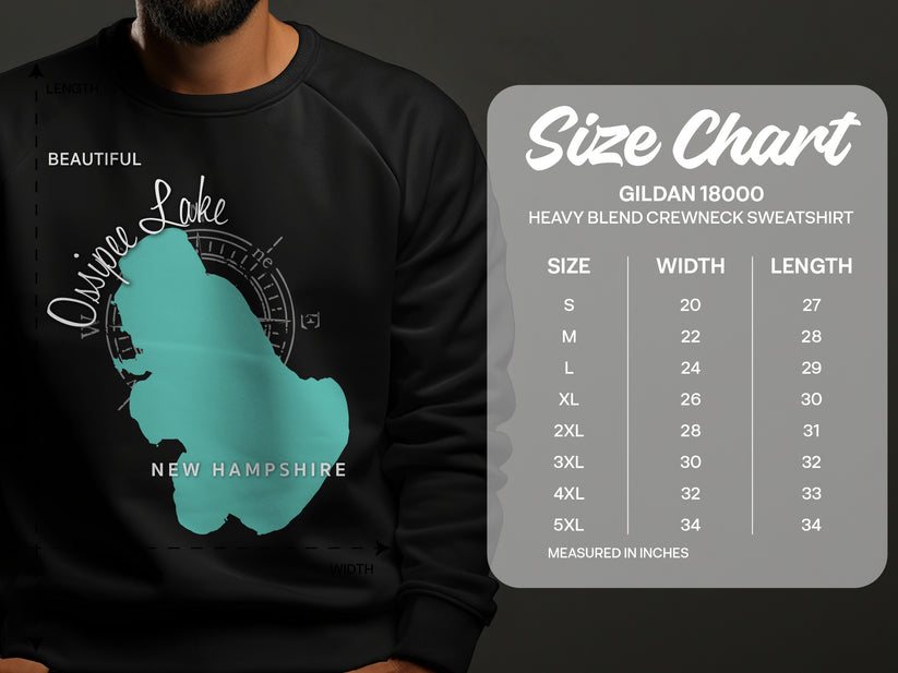Sweatshirt size chart with Ossipee Lake graphic and garment measurements.