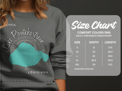 Comfort Colors 1566 adult crewneck sweatshirt size chart with measurements.