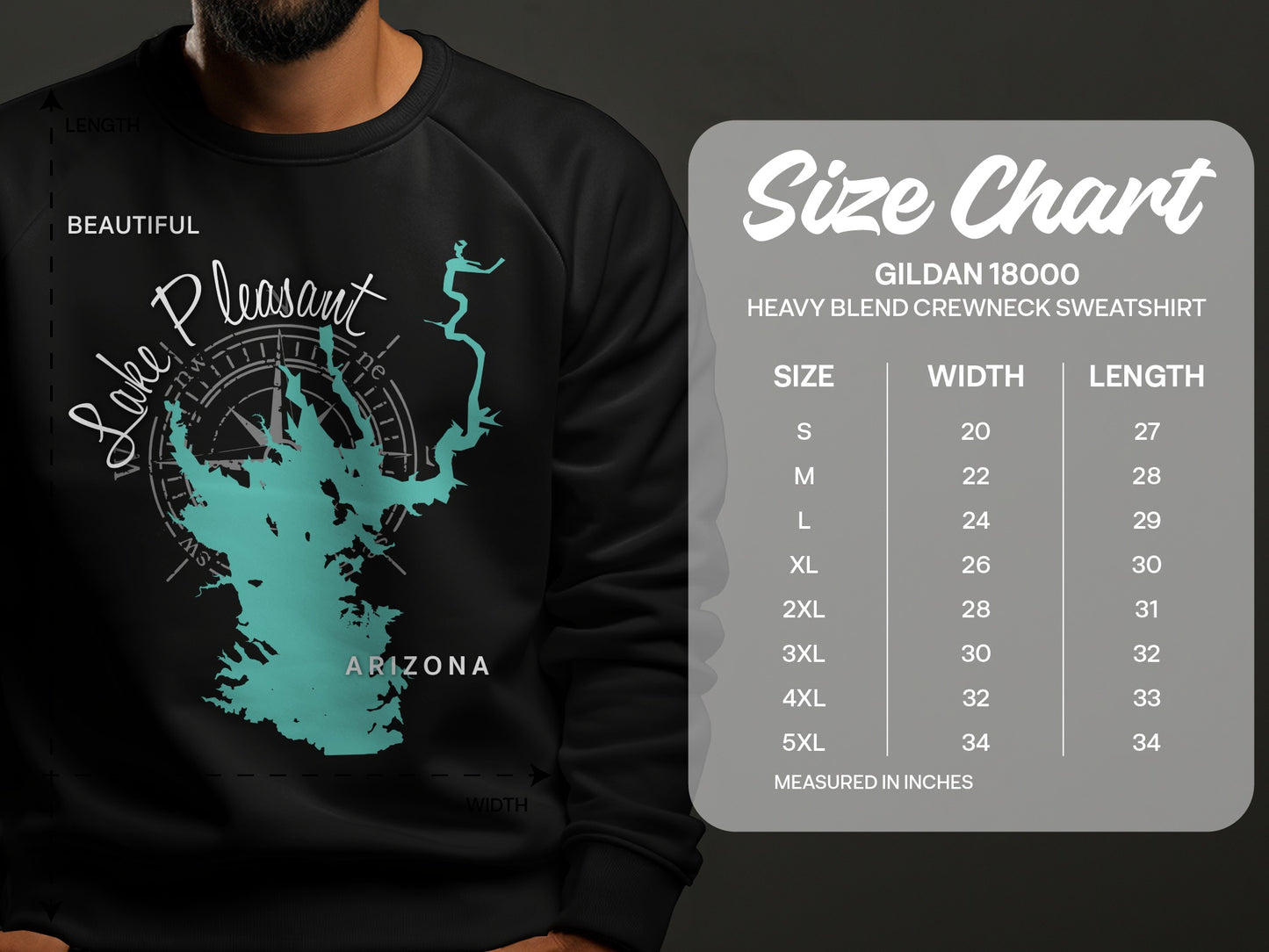 Lake Pleasant Arizona graphic on Gildan 18000 sweatshirt size chart.