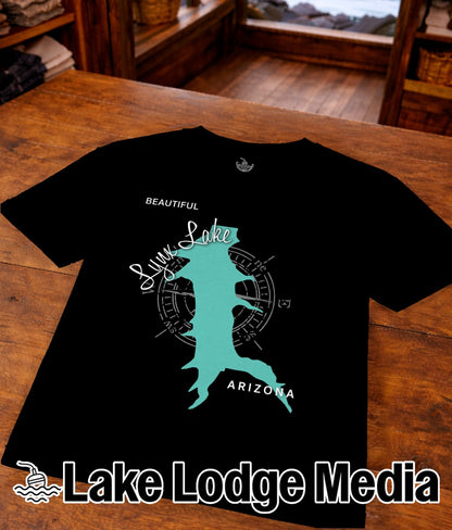 Black t-shirt with turquoise lake map and "Lake Lodge Media" text.