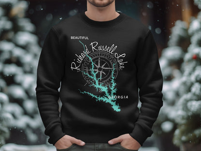 Black sweatshirt with Richard Russell Lake Georgia map and compass design.