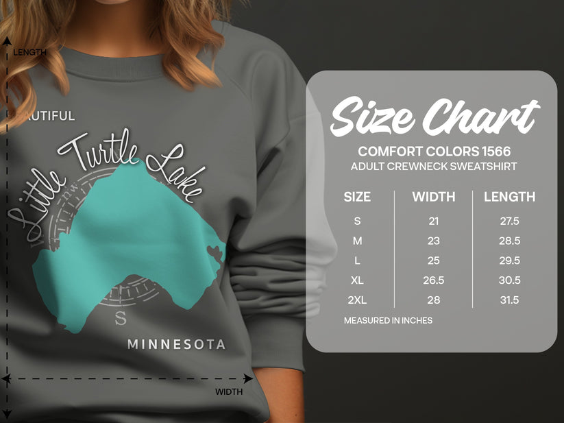 Crewneck sweatshirt size chart with "Little Turtle Lake Minnesota" graphic.