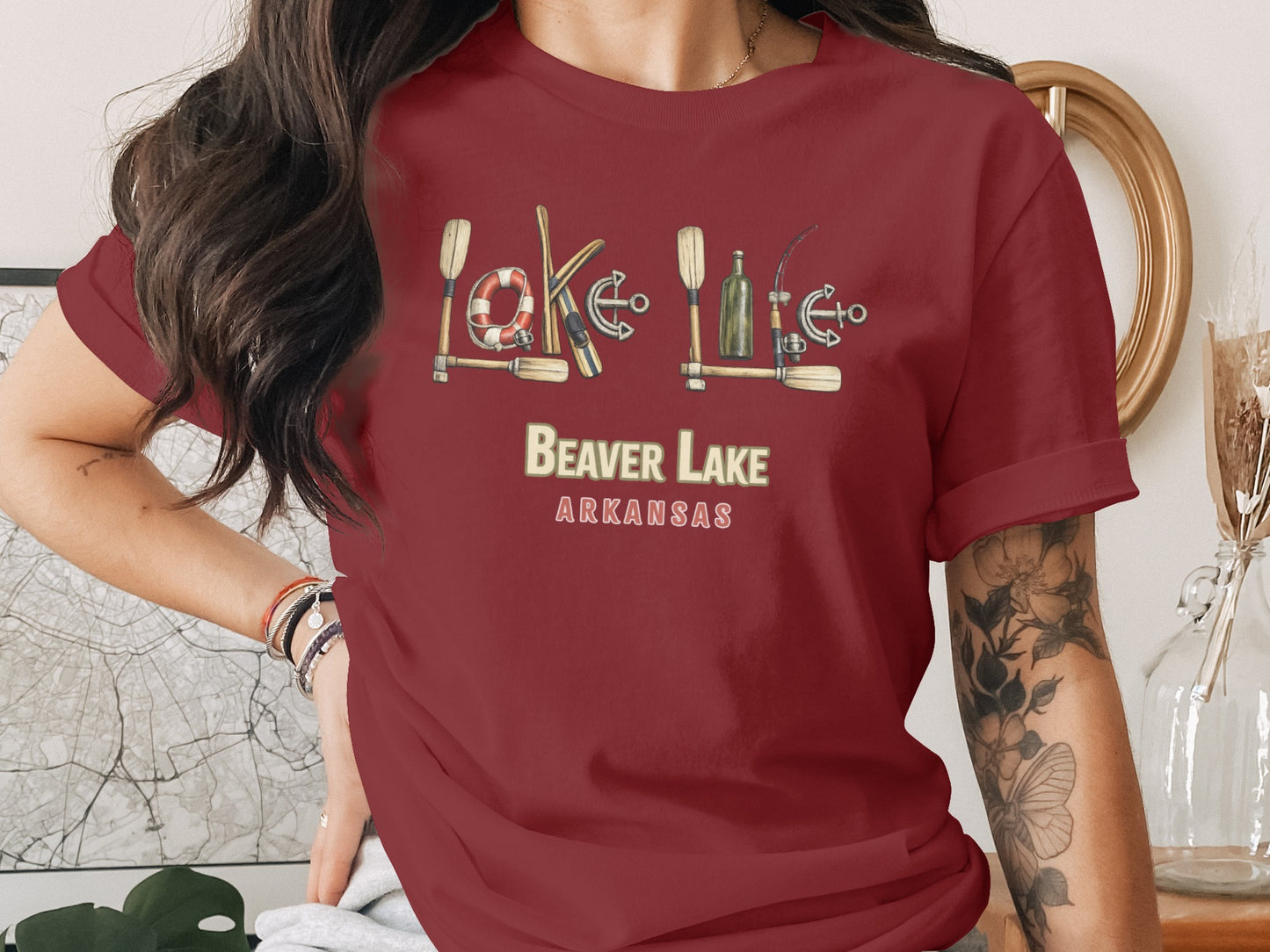 Maroon t-shirt with "Lake Life Beaver Lake Arkansas" text and nautical icons.