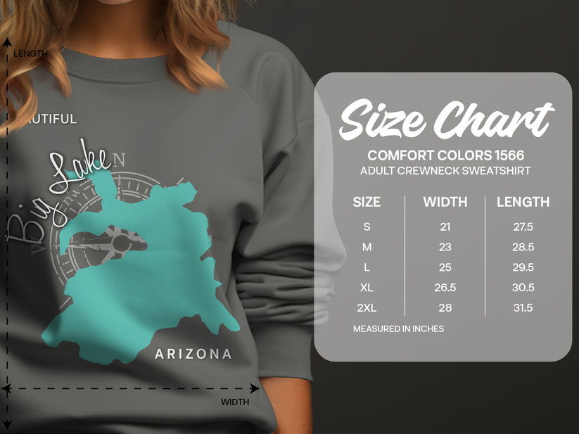 Comfort Colors 1566 sweatshirt size chart with dimensions.