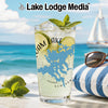 Glass of lime drink with New Hampshire lake map design, beach background.