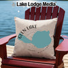Pillow with Glen Lake, Michigan map on a red Adirondack chair by water.