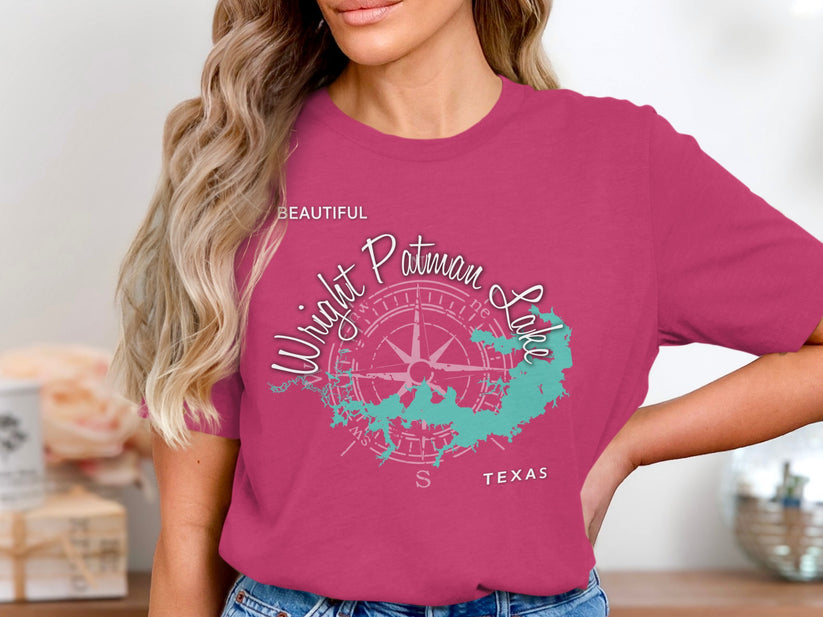 Pink t-shirt with a compass rose and Wright Patman Lake, Texas map graphic.