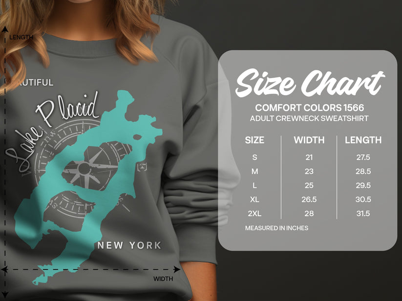 Size chart for Lake Placid, New York adult crewneck sweatshirt.
