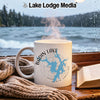 White mug with Badin Lake map and compass design, steaming hot.