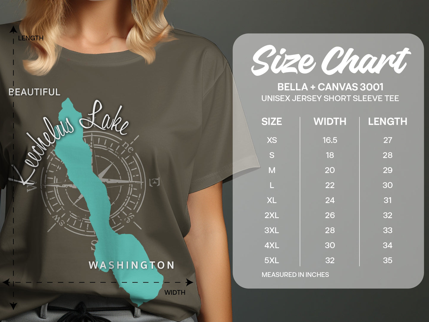 T-shirt with vintage map graphic of Keechelus Lake and size chart.