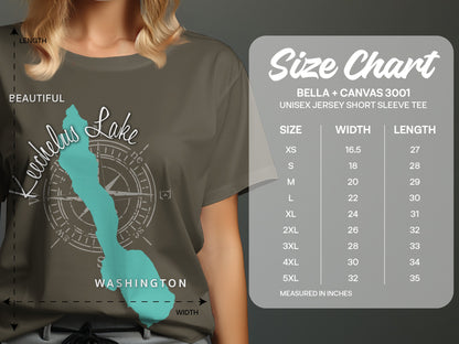 T-shirt with vintage map graphic of Keechelus Lake and size chart.