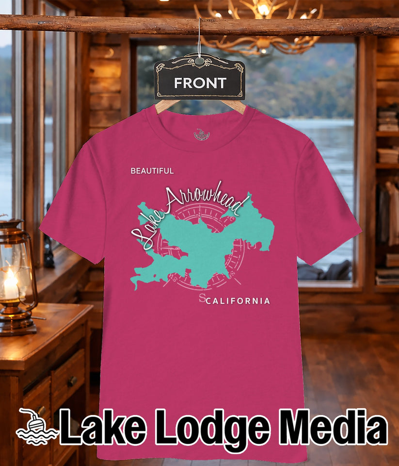 Teal map of Lake Arrowhead, California with "Beautiful" text on a pink t-shirt.