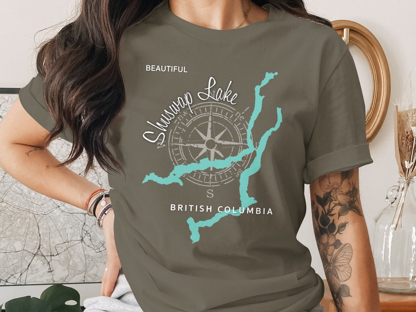 T-shirt with Shuswap Lake British Columbia map and compass graphic.