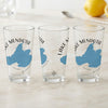 Three clear glasses featuring blue Lake Mendota maps and "Lake Mendota Wisconsin" text.
