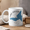 White mug with "Lake Gregory California" and blue lake map.
