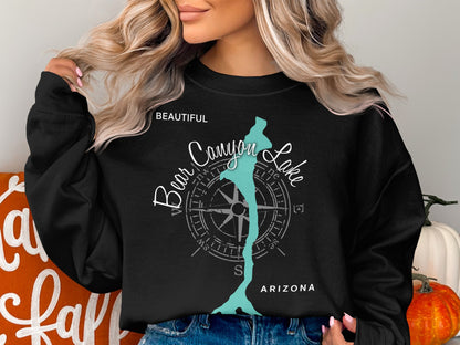 Black sweatshirt with turquoise Bear Canyon Lake Arizona compass graphic.