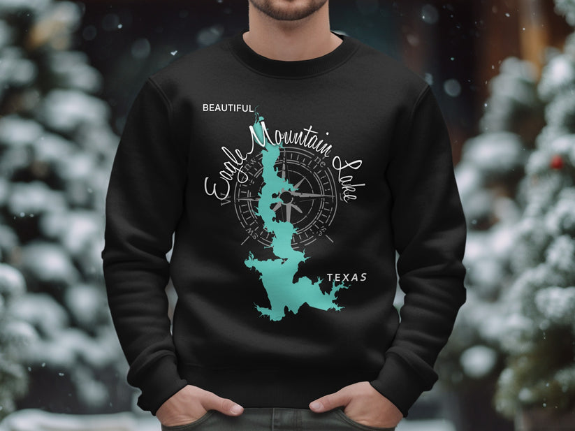 Black sweatshirt with turquoise Eagle Mountain Lake, Texas map and compass design.