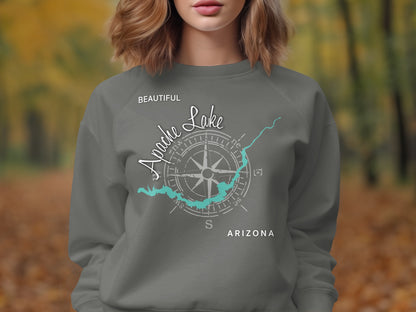 Gray sweatshirt with a compass and "Apache Lake Arizona" graphic.