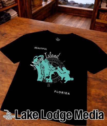 Black t-shirt with turquoise map of Marco Island, Florida, and compass rose.