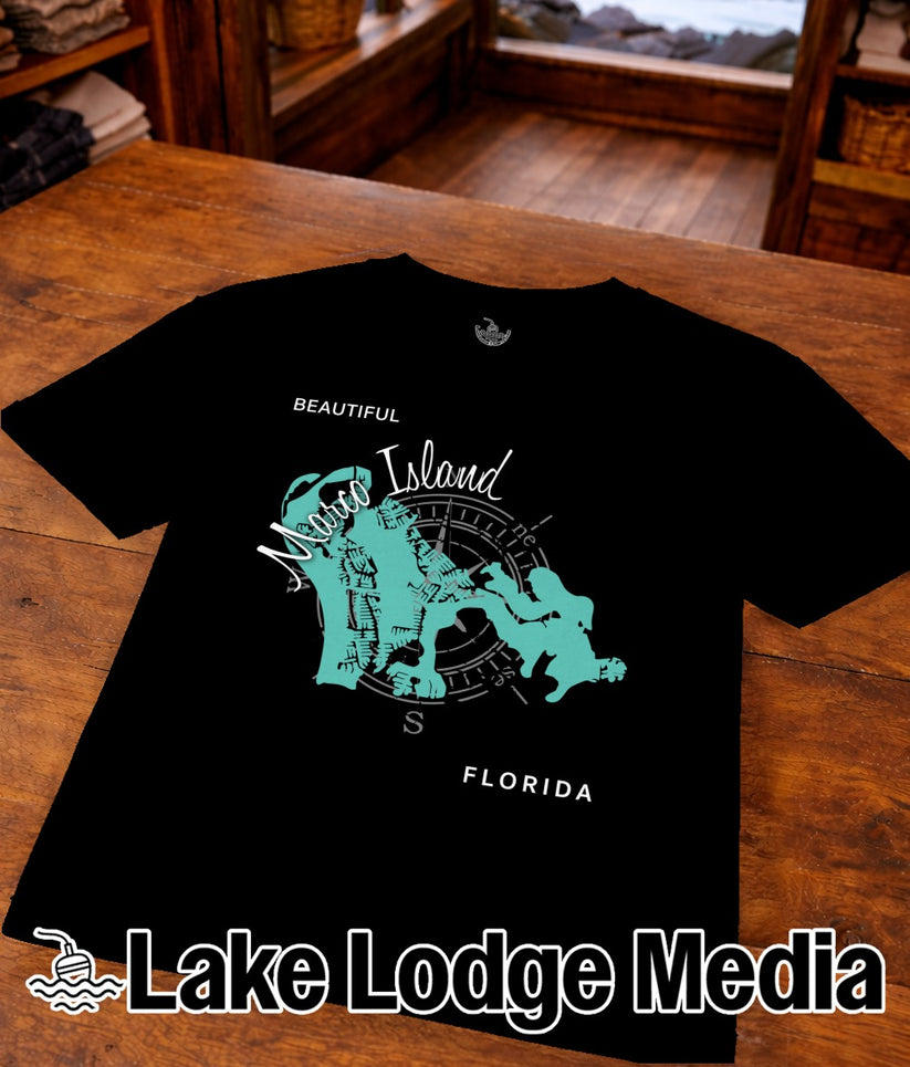 Black t-shirt with turquoise map of Marco Island, Florida, and compass rose.