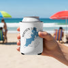 White can koozie with "Watson Lake Arizona" map design held on a beach.