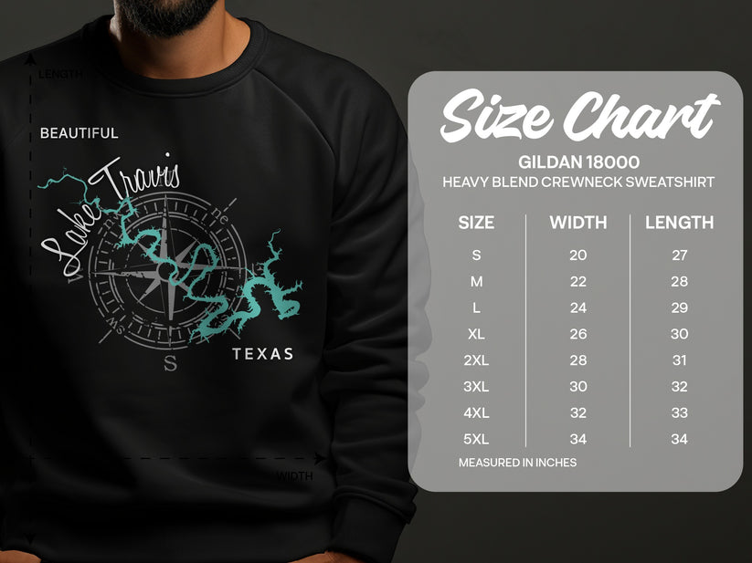 Gildan 18000 Heavy Blend Crewneck Sweatshirt size chart with Lake Travis map.