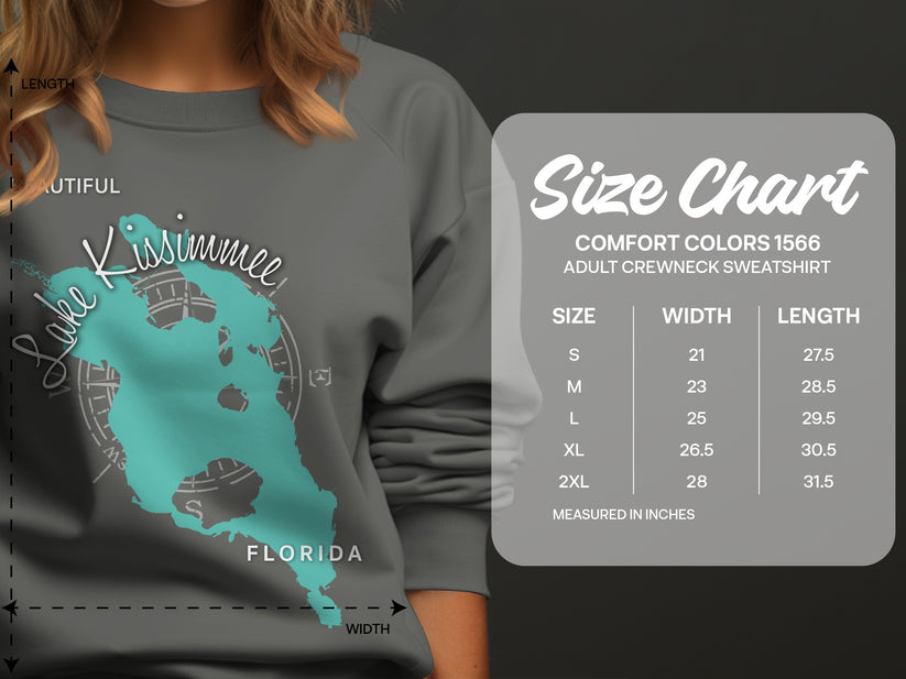 Size chart for Comfort Colors 1566 adult crewneck sweatshirt.
