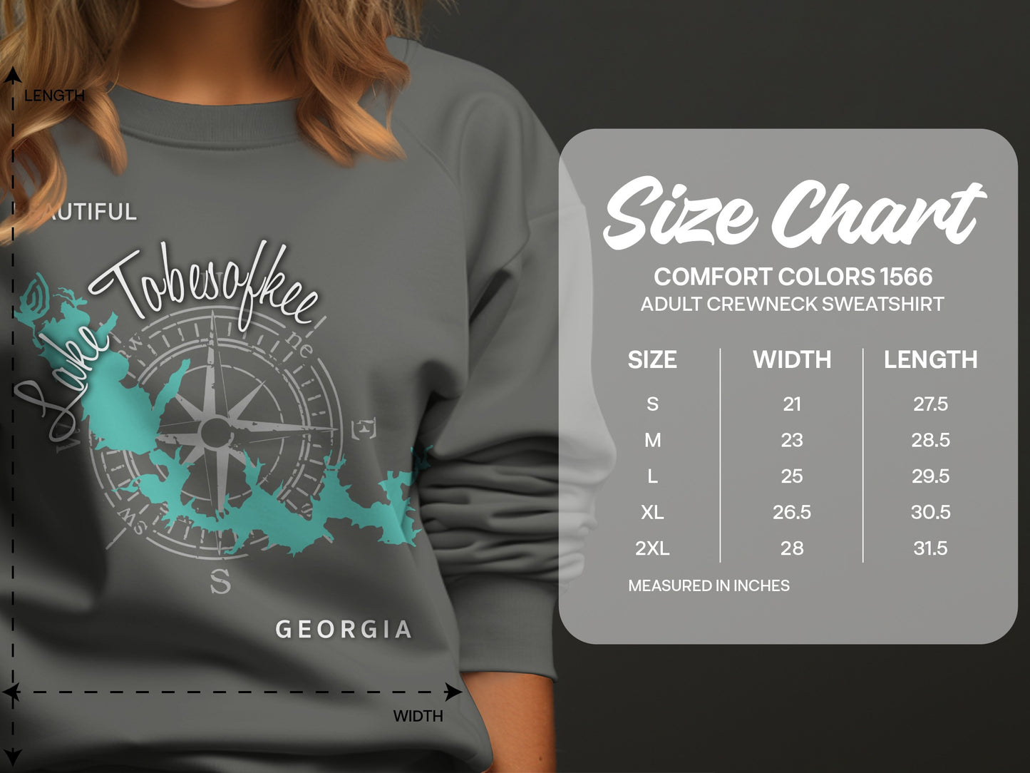 Crewneck sweatshirt size chart with dimensions for Lake Tobesofkee, Georgia.