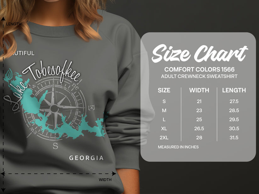 Crewneck sweatshirt size chart with dimensions for Lake Tobesofkee, Georgia.