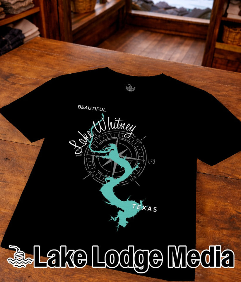 Black t-shirt with "Beautiful Lake Whitney Texas" and compass graphic.