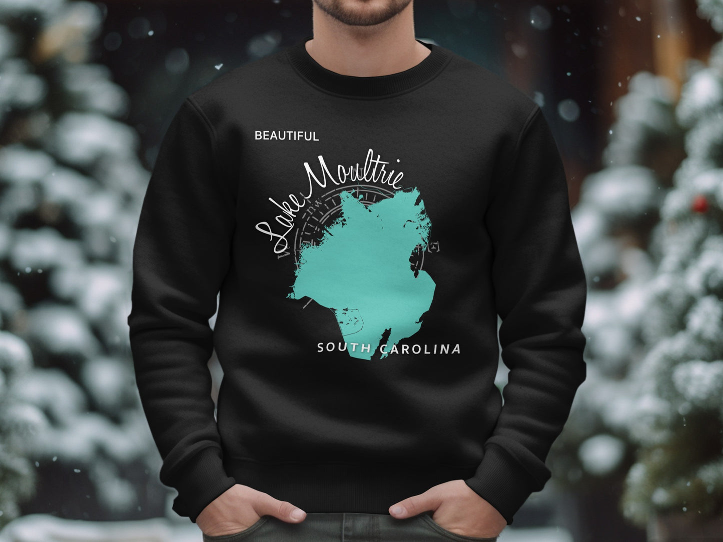 Black sweatshirt with a teal Lake Moultrie, South Carolina map graphic.