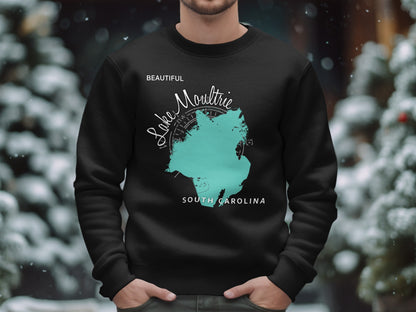 Black sweatshirt with a teal Lake Moultrie, South Carolina map graphic.